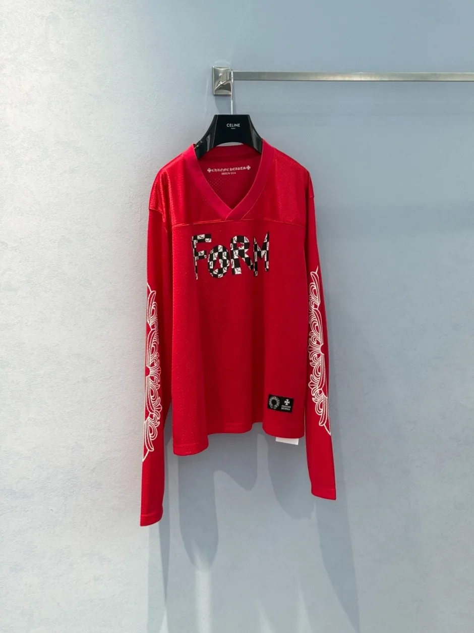 1786346639365230.webp Vネック長袖カットソー コットン メッシュクロムハーツ Tシャツ 偽物 レッド