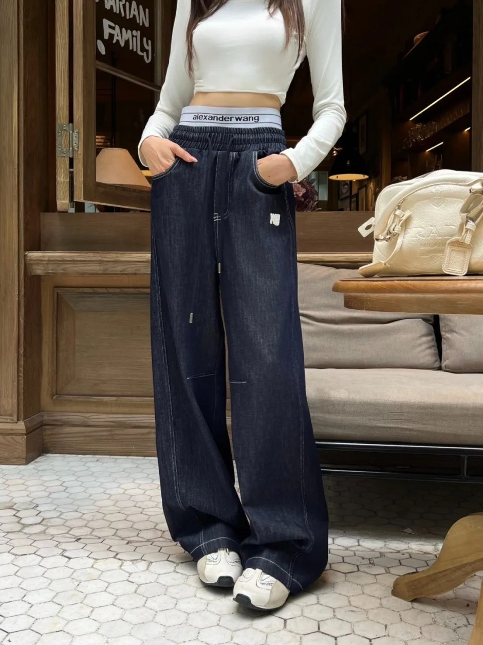 ロゴ入り ダブルウエスト デニムパンツ アレキサンダーワング ジーンズ コピー ブルー