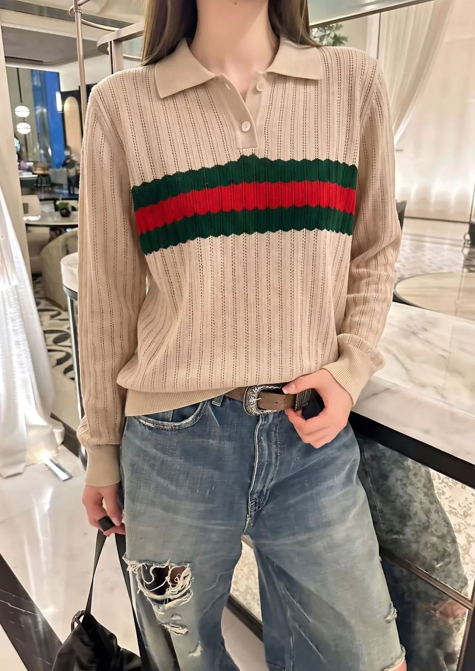 洗練された ウール ニットポロシャツ グッチ ニット 偽物 ストライプ アイボリー
