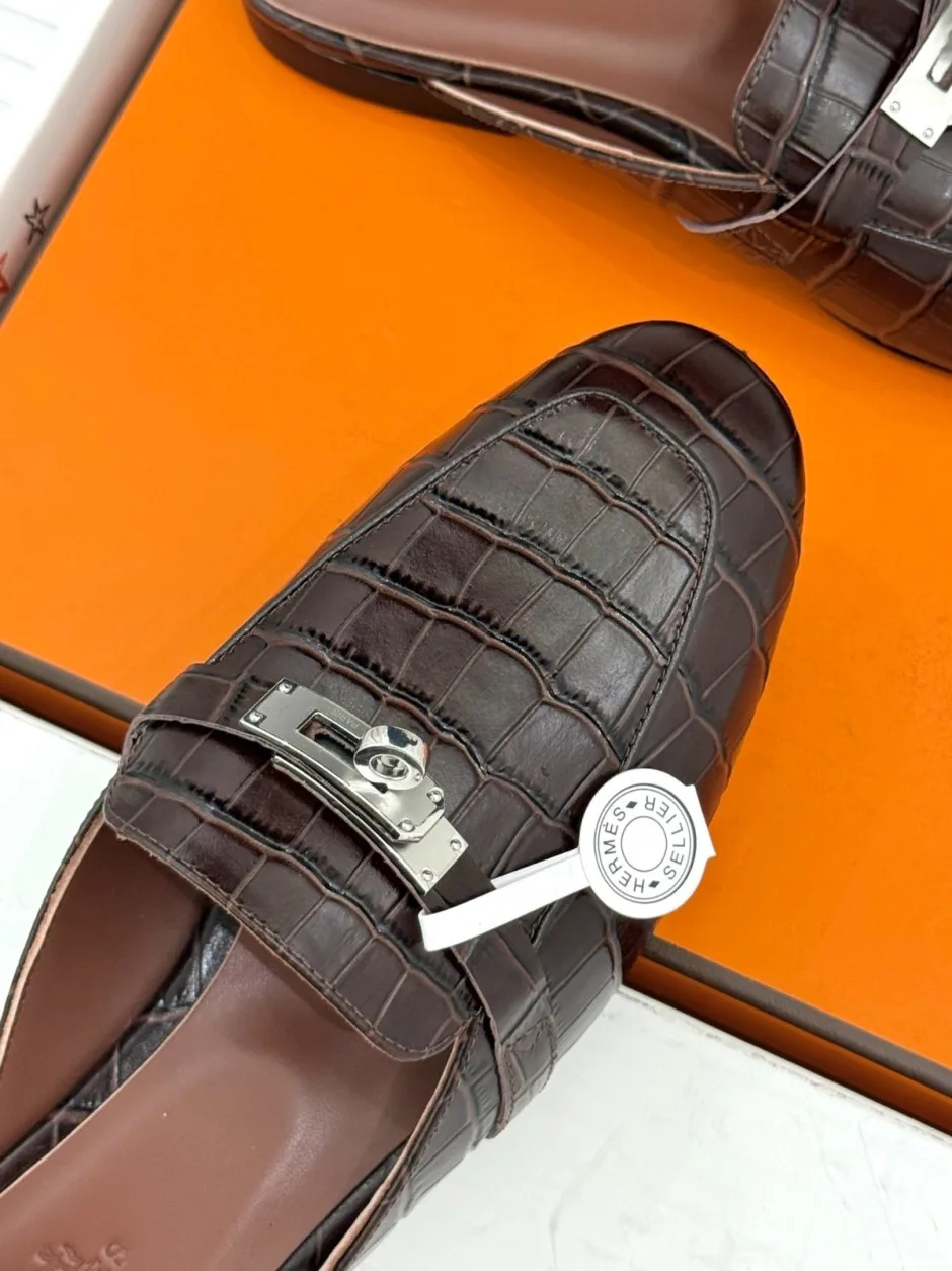 クロコ型押しレザー ミュールローファー エルメス スーパーコピー ダークブラウン