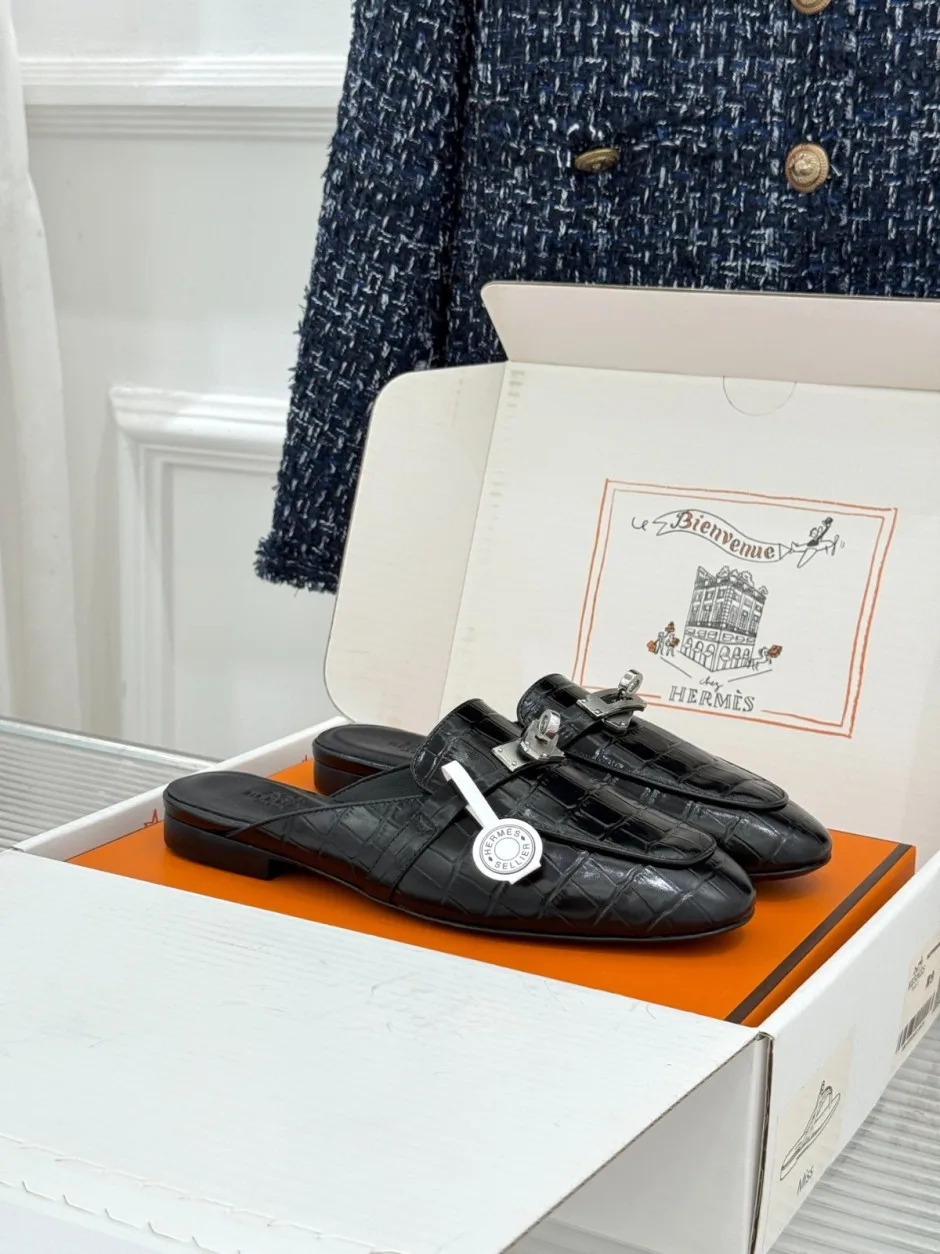 エルメス スーパーコピー クロコ型押しレザー ミュールローファー ブラック