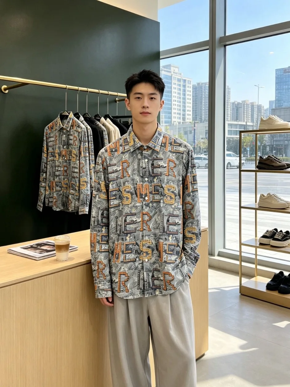 1787729011186160.webp 目を引く 総柄プリント エルメス シャツ コピー メンズ 長袖シャツ