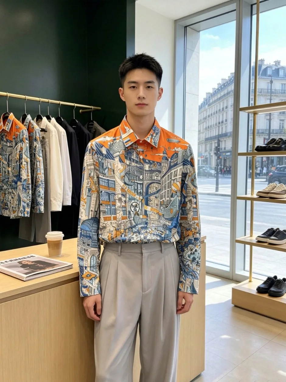 総柄プリント ロングスリーブシャツ エルメス シャツ コピー メンズ トップス