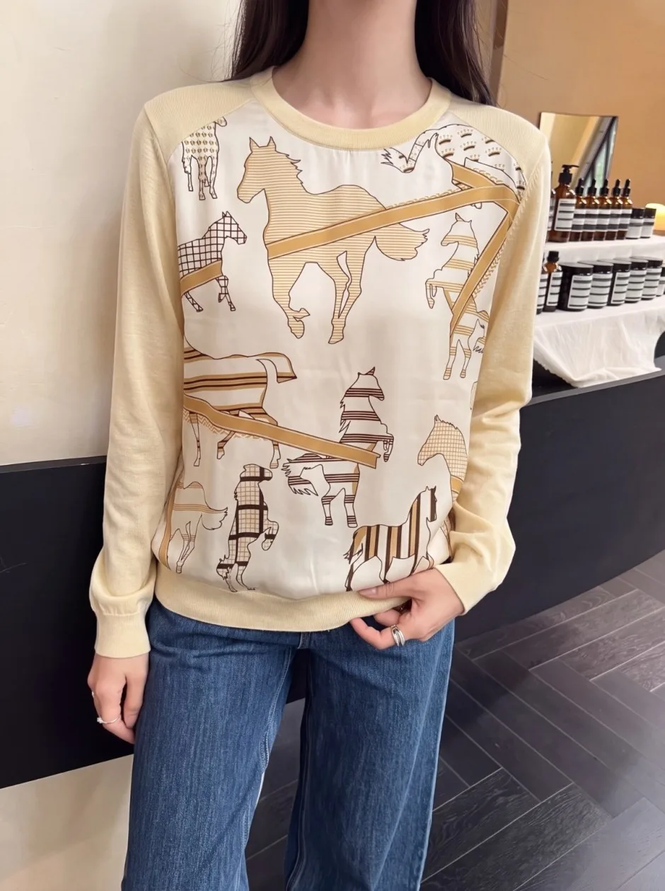1787821146781346.webp 大人エレガント プリント クルーネックニット エルメス セーター コピー ベージュ