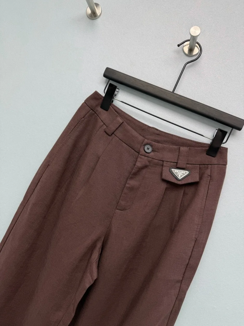 カジュアル タック入り ワイドパンツ プラダ スラックス 偽物 リネン ブラウン