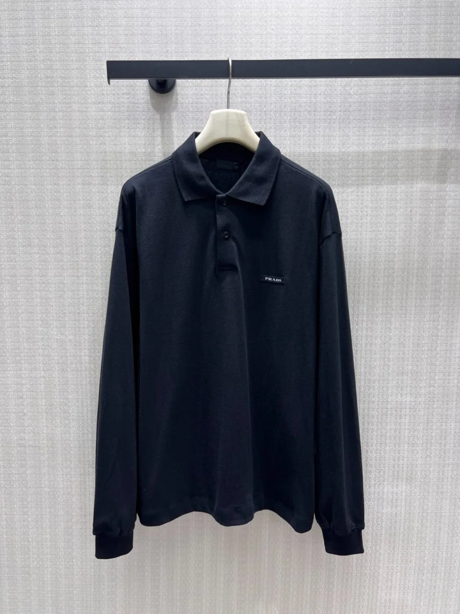 シンプル カジュアル プラダ Tシャツ 偽物 コットン 長袖 ポロシャツ ブラック