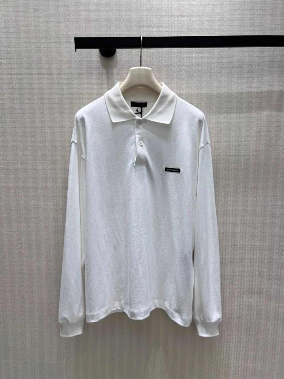 シンプル カジュアル プラダ Tシャツ 偽物 コットン 長袖 ポロシャツ ホワイト