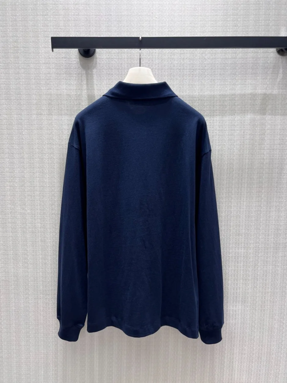 シンプル カジュアル プラダ Tシャツ 偽物 コットン 長袖 ポロシャツ ネイビー