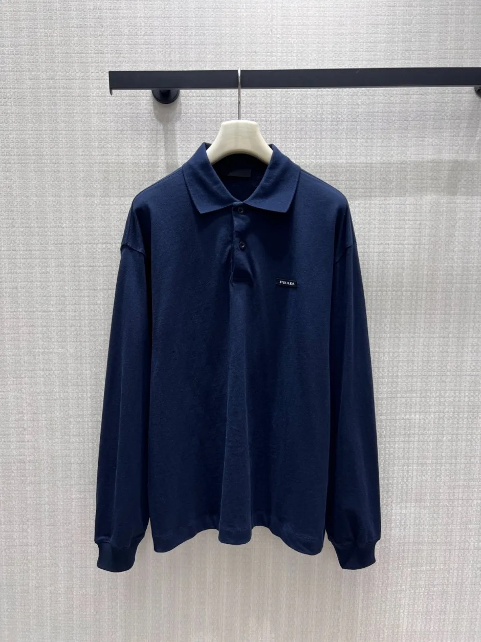 シンプル カジュアル プラダ Tシャツ 偽物 コットン 長袖 ポロシャツ ネイビー