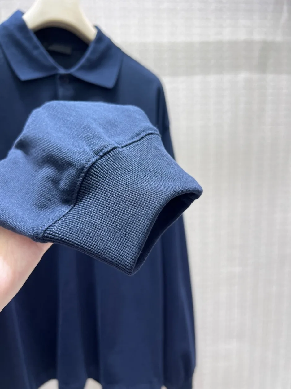 シンプル カジュアル プラダ Tシャツ 偽物 コットン 長袖 ポロシャツ ネイビー