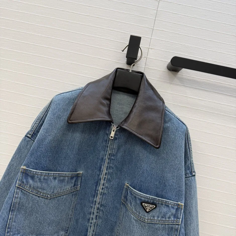 1787999540616141.webp レザー襟 クロップド デニムジャケット プラダ ジャケット コピー ブルー