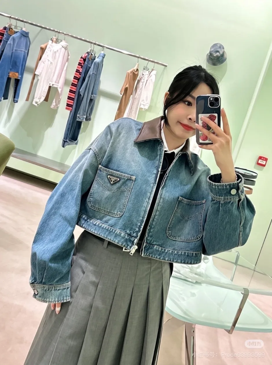 1787999548732246.webp レザー襟 クロップド デニムジャケット プラダ ジャケット コピー ブルー