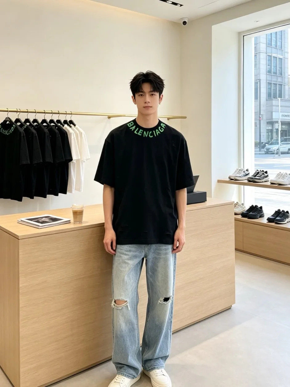 1788085090356944.webp カジュアル ダメージ加工 バレンシアガ Tシャツ 偽物 クルーネック 半袖Tシャツ