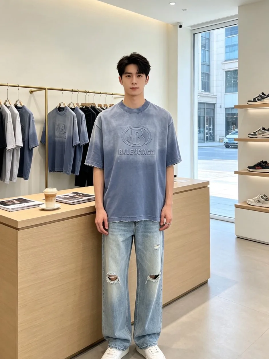 1788088619235567.webp ヴィンテージ感 エンボスロゴ 半袖Tシャツ バレンシアガ Tシャツ 偽物 クルーネック