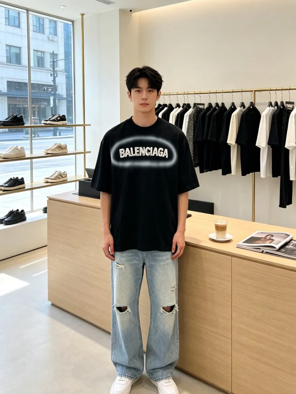 1788089006390205.webp ロゴプリント クルーネック 半袖Tシャツ バレンシアガ Tシャツ 偽物 合わせやすい