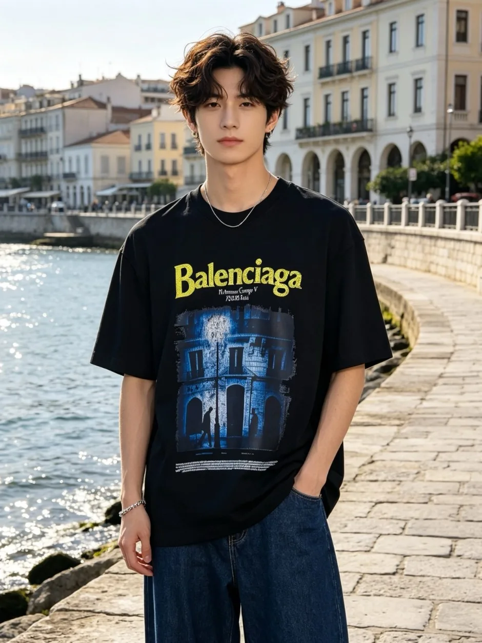 1788089326145104.webp お洒落 プリント入り 半袖Tシャツ バレンシアガ Tシャツ 偽物 クルーネック