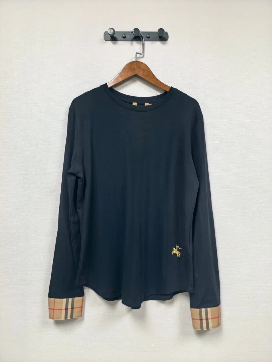 お洒落 チェック切り替え 長袖Tシャツ バーバリー Tシャツ 偽物 ブラック