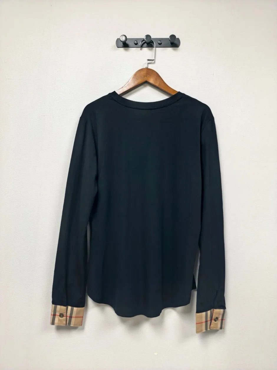 お洒落 チェック切り替え 長袖Tシャツ バーバリー Tシャツ 偽物 ブラック