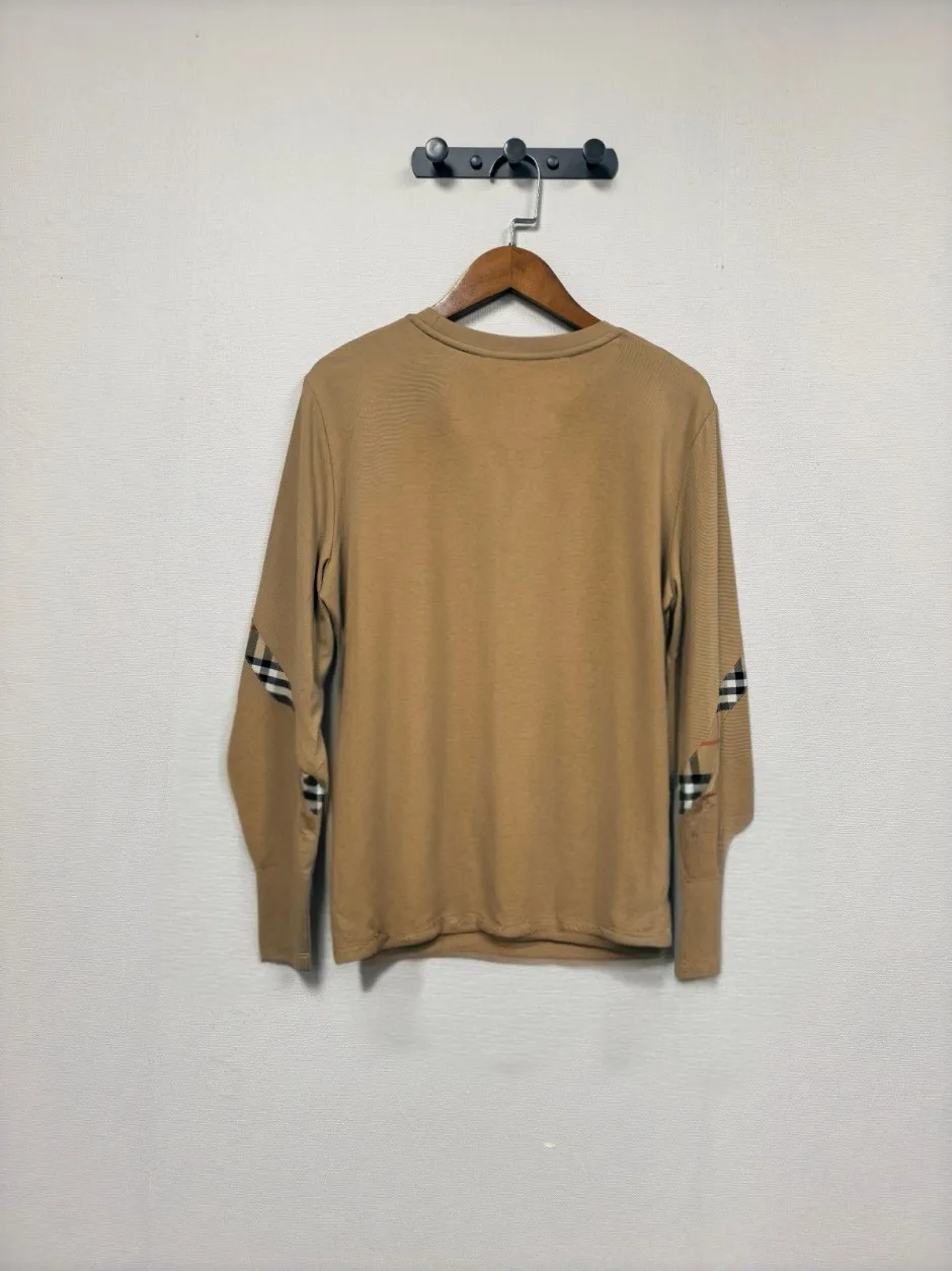 チェックアクセント 長袖Tシャツ バーバリー Tシャツ 偽物 クルーネック ベージュ