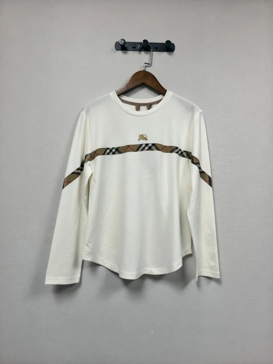1788232809530661.webp チェックアクセント 長袖Tシャツ バーバリー Tシャツ 偽物 クルーネック ホワイト
