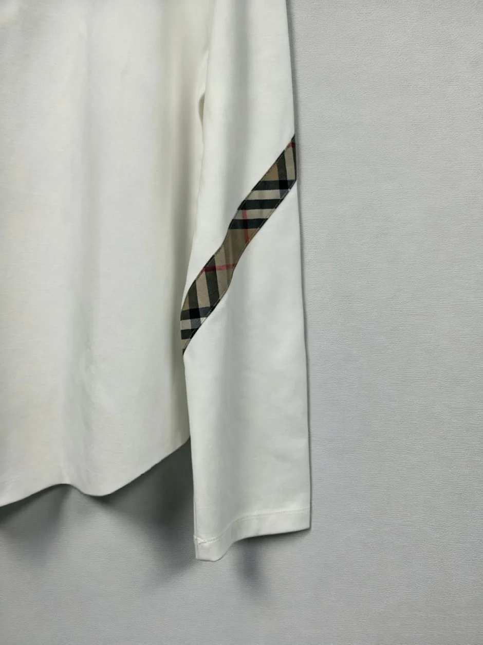 1788232810359944.webp チェックアクセント 長袖Tシャツ バーバリー Tシャツ 偽物 クルーネック ホワイト