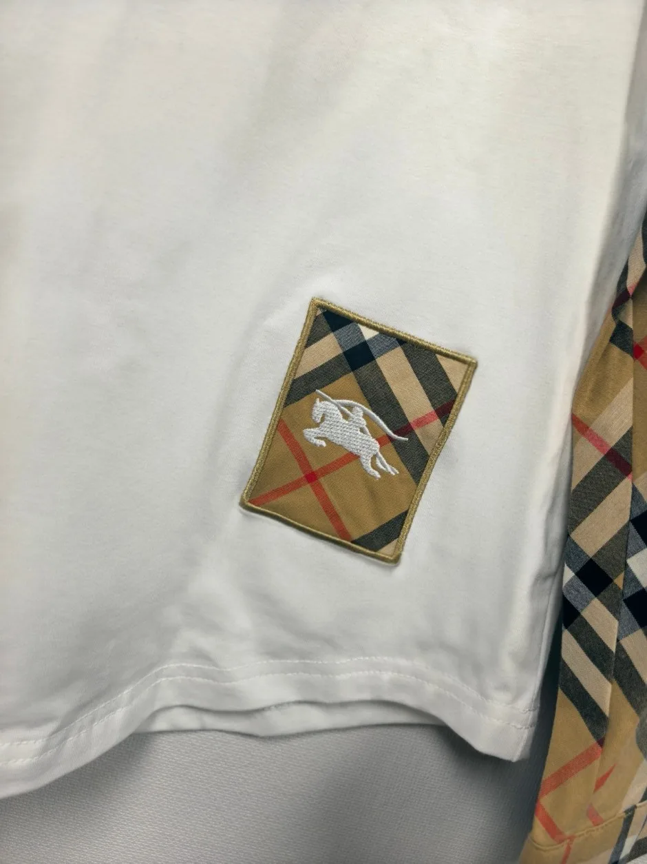 カジュアル お洒落 チェック柄切り替え 長袖Tシャツ バーバリー Tシャツ 偽物 ホワイト