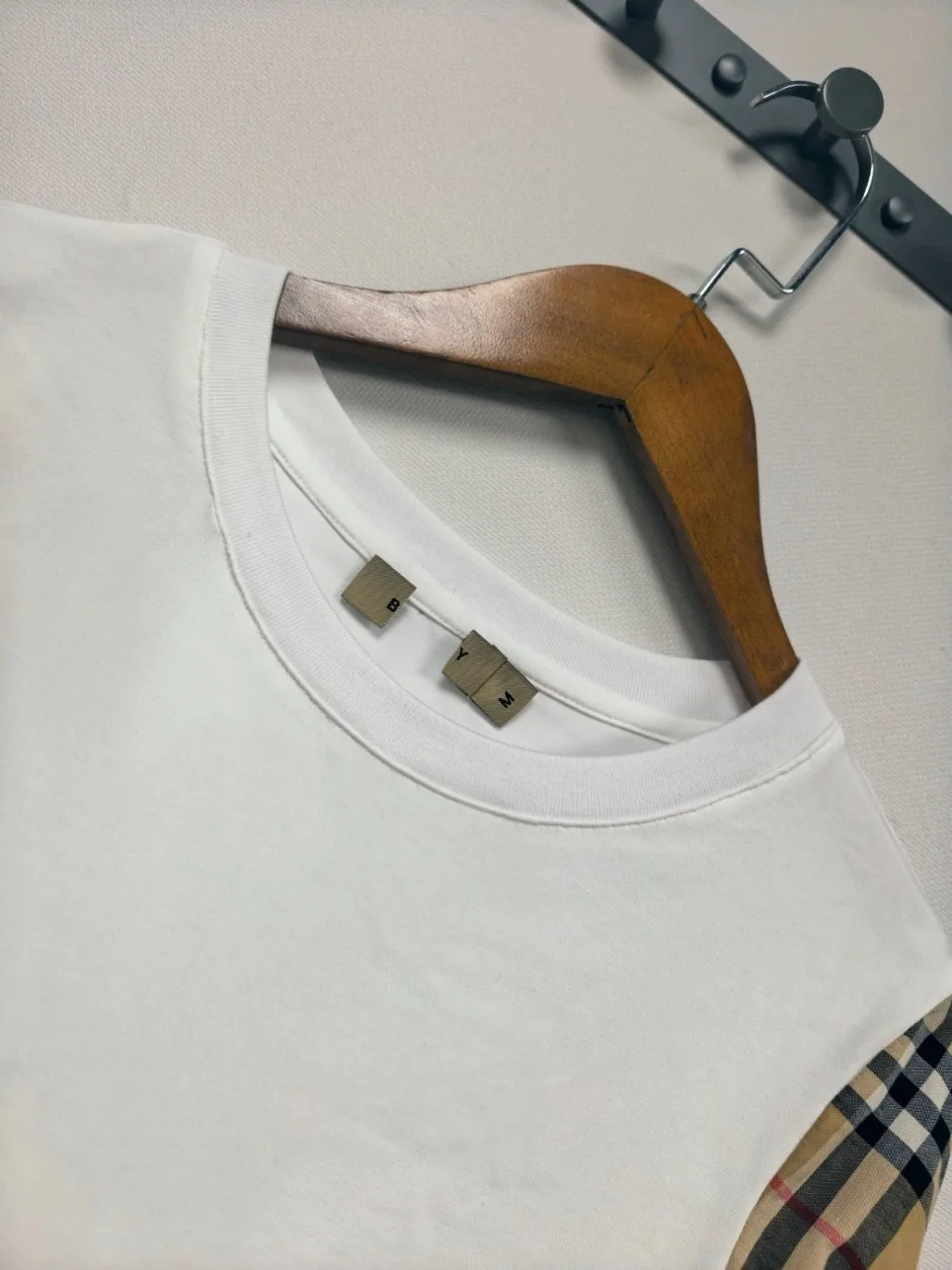 カジュアル お洒落 チェック柄切り替え 長袖Tシャツ バーバリー Tシャツ 偽物 ホワイト