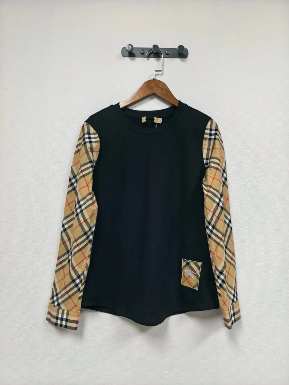 1788233625961825.webp カジュアル お洒落 チェック柄切り替え 長袖Tシャツ バーバリー Tシャツ 偽物 ブラック
