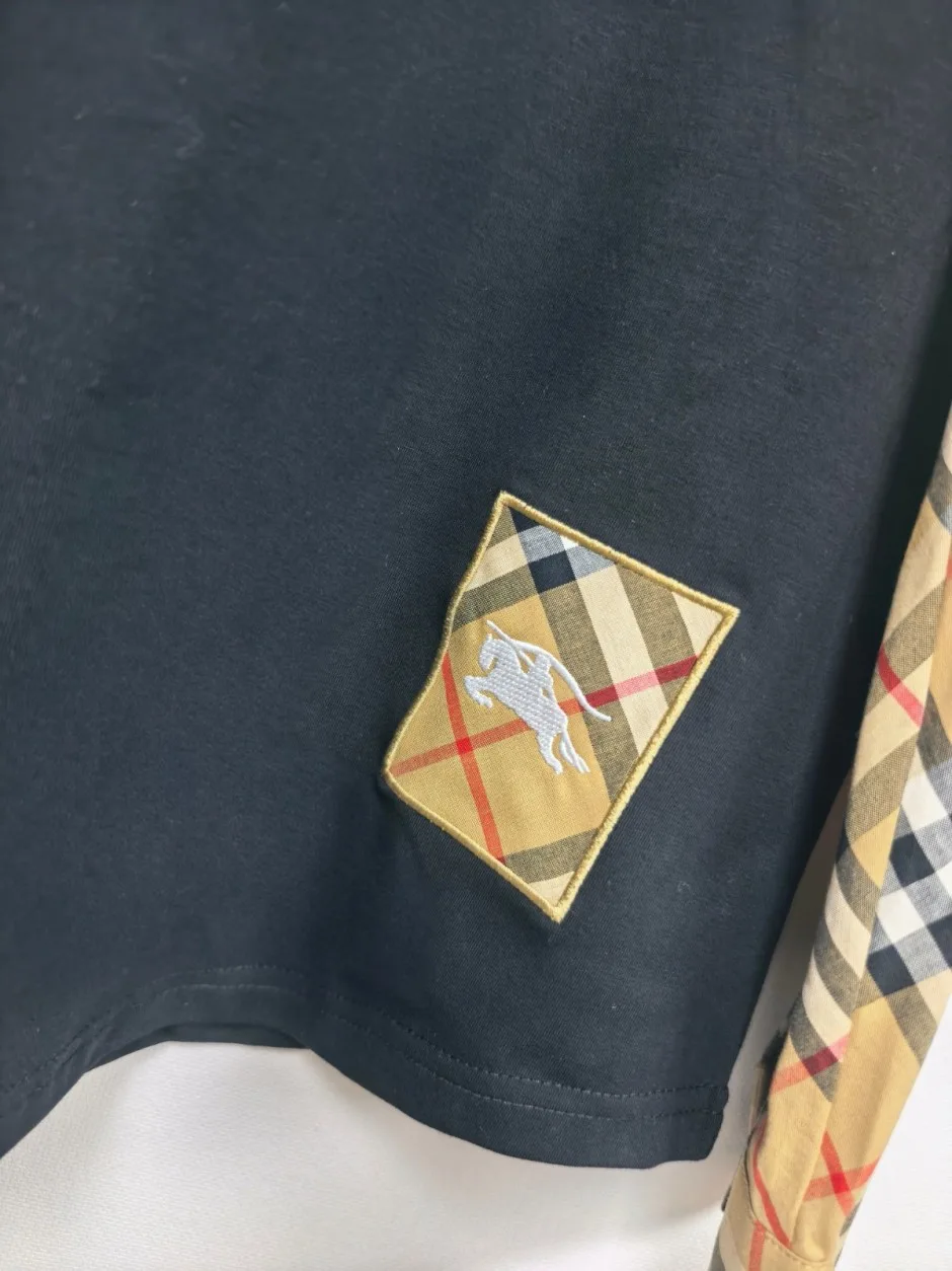 1788233628174638.webp カジュアル お洒落 チェック柄切り替え 長袖Tシャツ バーバリー Tシャツ 偽物 ブラック