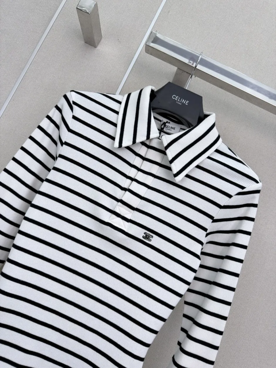ボーダー柄 コットン セリーヌ Tシャツ 偽物 トリオンフ刺繍 長袖ポロシャツ