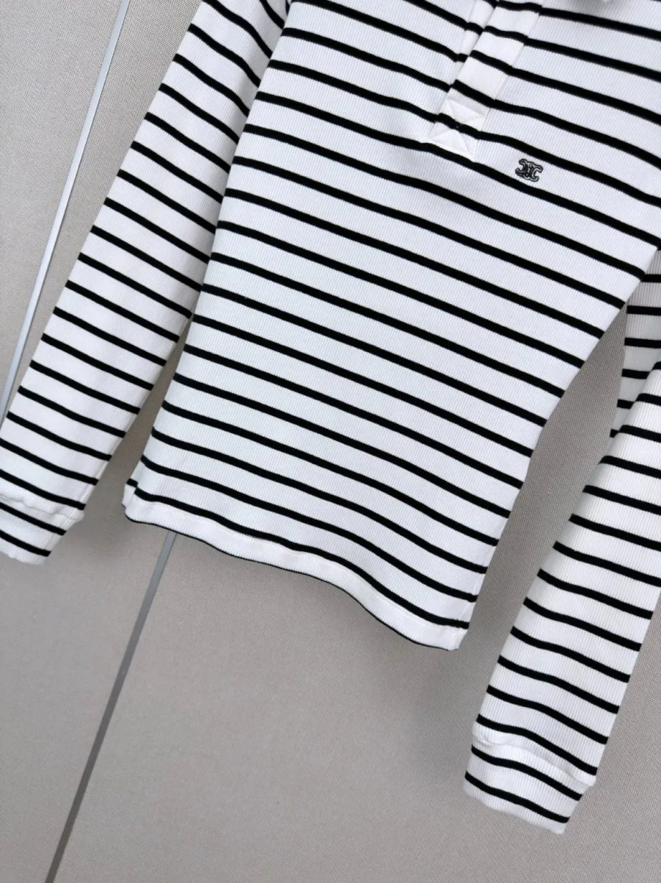 ボーダー柄 コットン セリーヌ Tシャツ 偽物 トリオンフ刺繍 長袖ポロシャツ