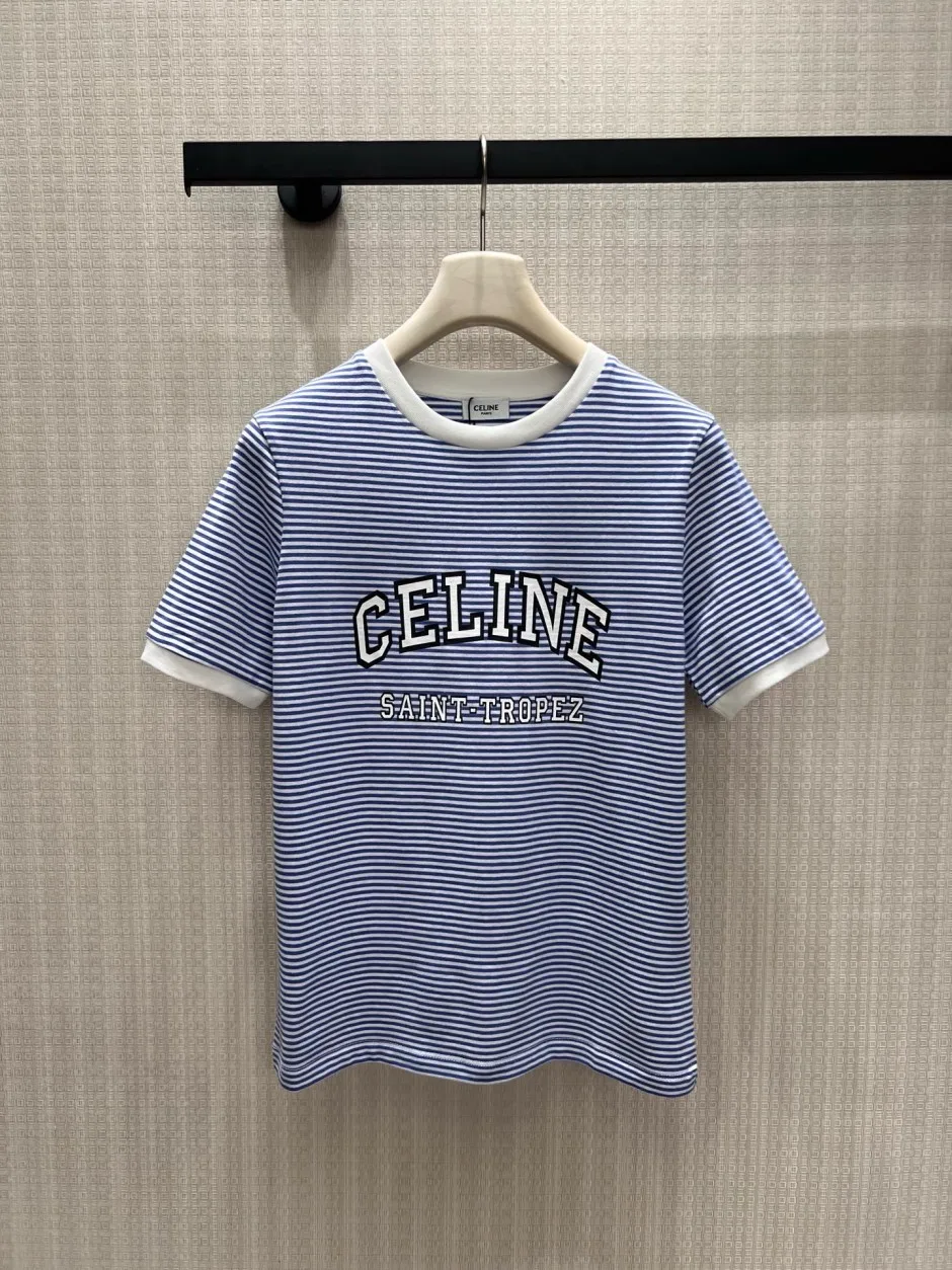 カジュアル ボーダー柄 ロゴプリント 半袖Tシャツ セリーヌ Tシャツ 偽物 コットン ブルー