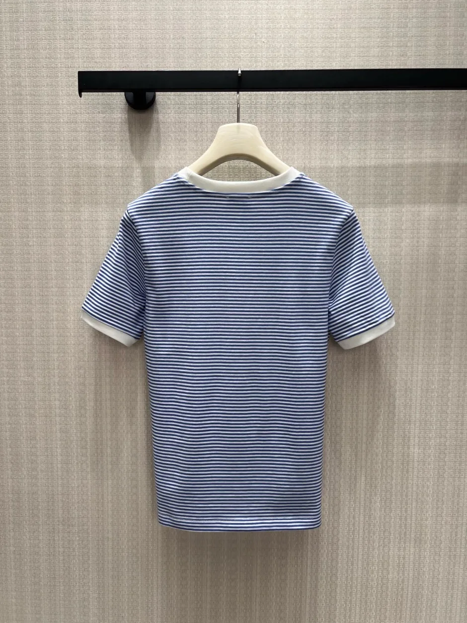 カジュアル ボーダー柄 ロゴプリント 半袖Tシャツ セリーヌ Tシャツ 偽物 コットン ブルー