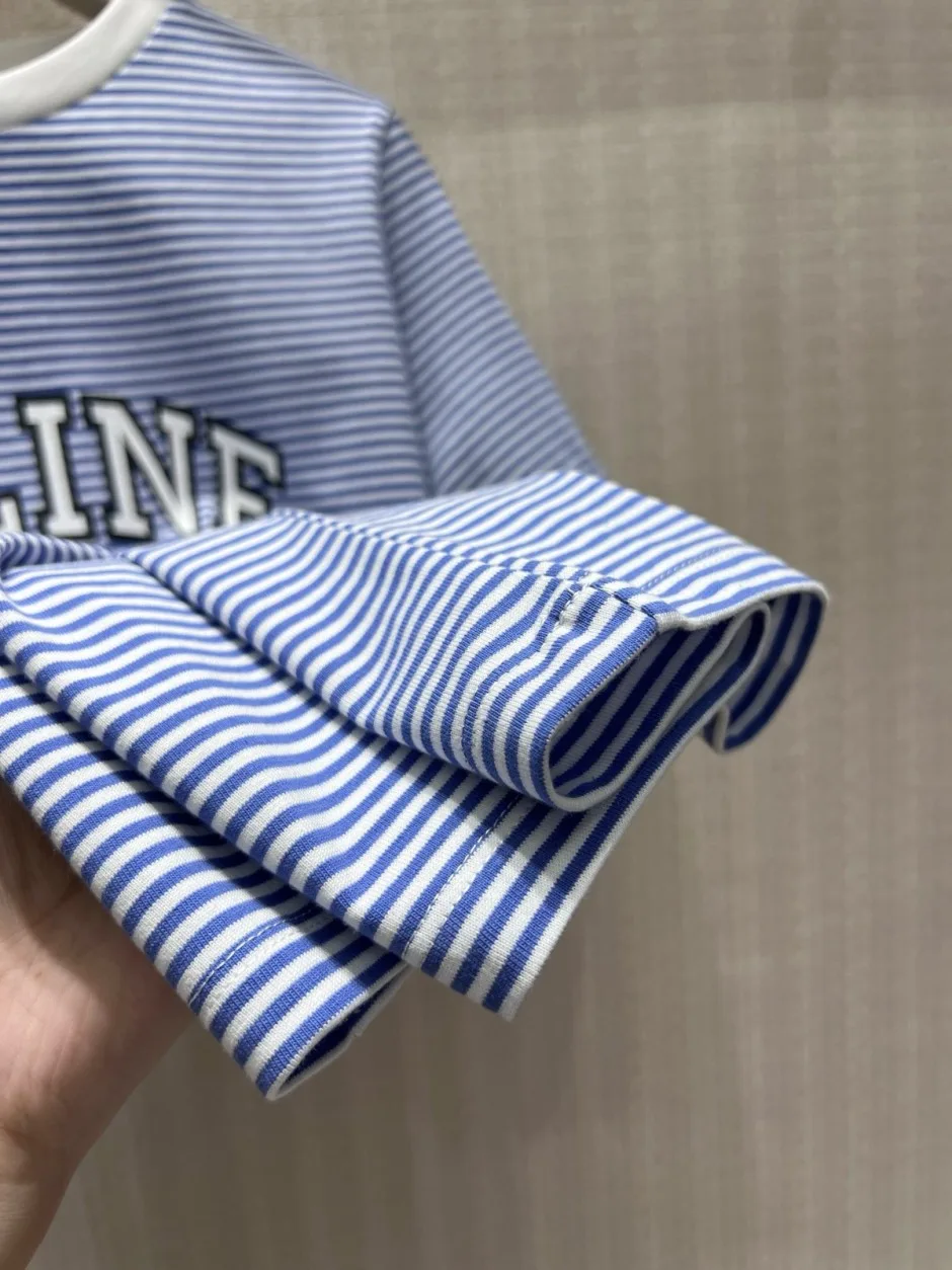 カジュアル ボーダー柄 ロゴプリント 半袖Tシャツ セリーヌ Tシャツ 偽物 コットン ブルー