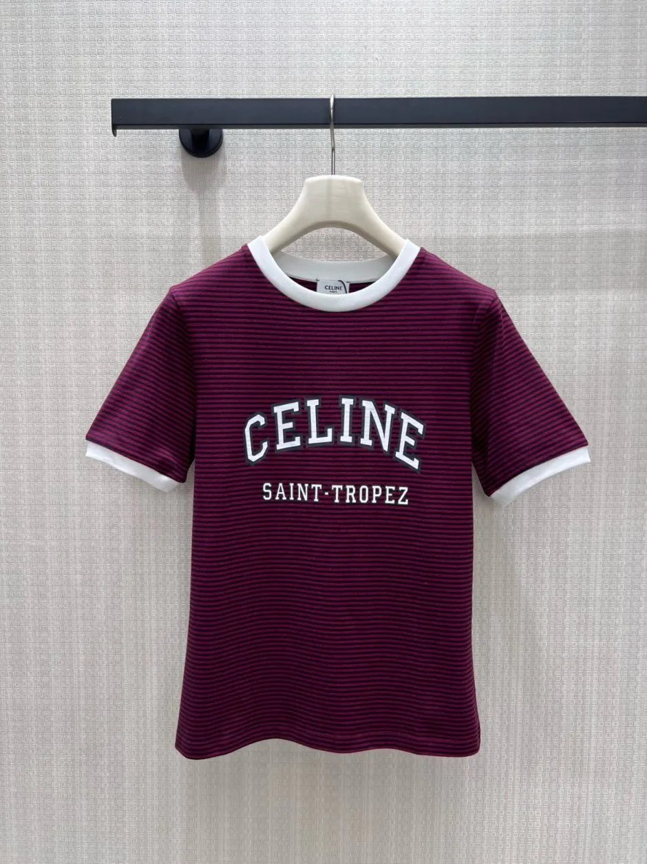 カジュアル ボーダー柄 ロゴプリント 半袖Tシャツ セリーヌ Tシャツ 偽物 コットン ボルドー
