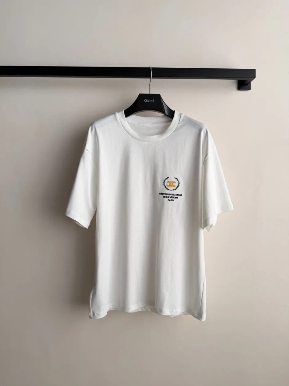 シンプル 刺繍入り セリーヌ Tシャツ 偽物 コットン 半袖Tシャツ ホワイト