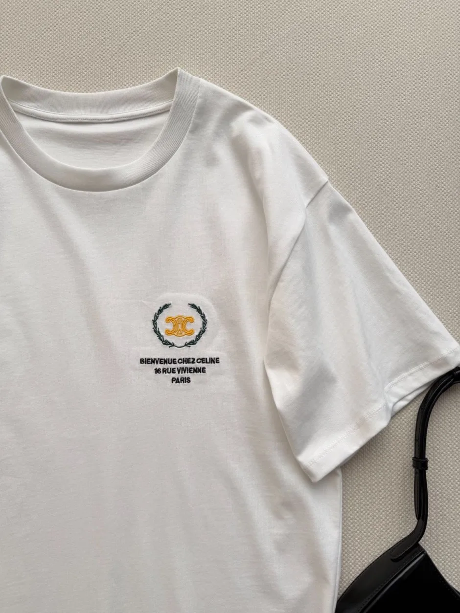 シンプル 刺繍入り セリーヌ Tシャツ 偽物 コットン 半袖Tシャツ ホワイト