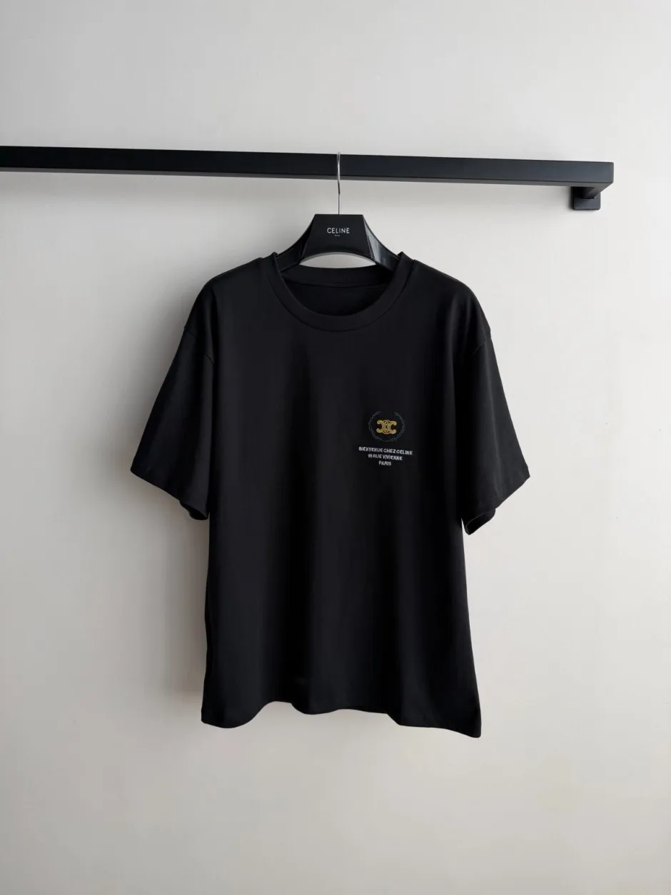 1788341672671227.webp シンプル 刺繍入り セリーヌ Tシャツ 偽物 コットン 半袖Tシャツ ブラック