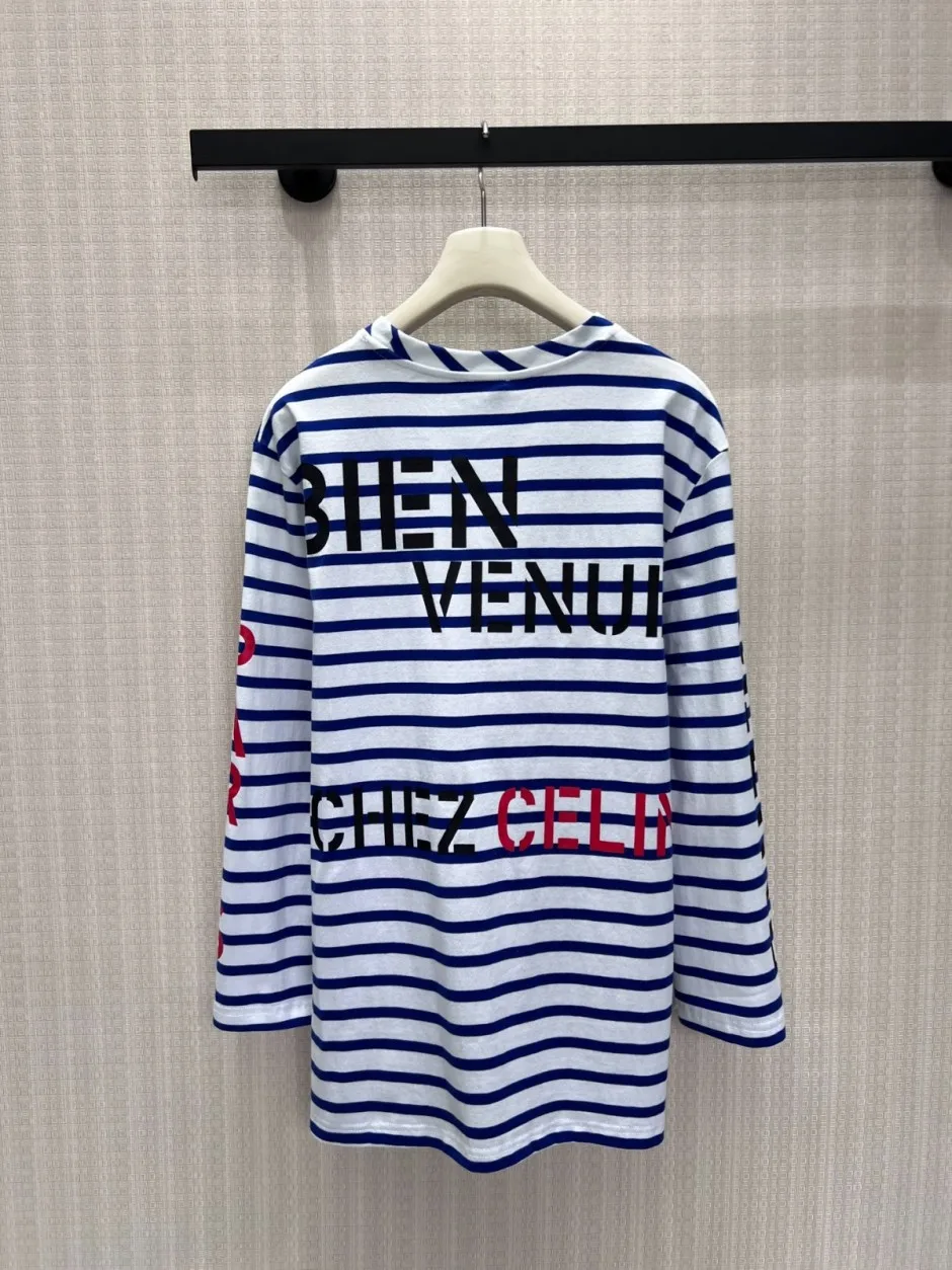1788402249333191.webp ボーダー柄 プリント入り 長袖Tシャツ セリーヌ Tシャツ 偽物 コットン