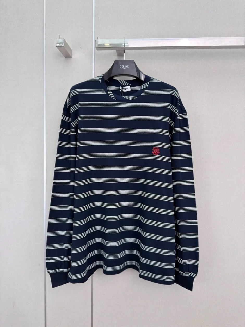 1788404762774875.webp カジュアル ボーダー柄 刺繍入り セリーヌ Tシャツ 偽物 コットン 長袖Tシャツ