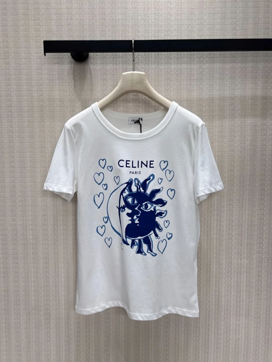 1788405710551684.webp お洒落 ロゴプリント 半袖Tシャツ セリーヌ Tシャツ 偽物 コットン ホワイト