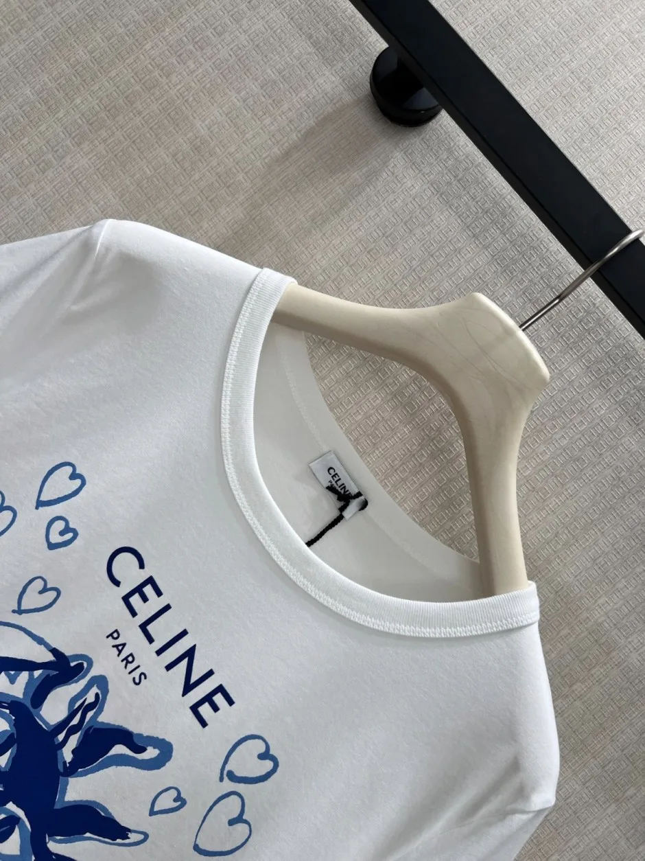 1788405711872906.webp お洒落 ロゴプリント 半袖Tシャツ セリーヌ Tシャツ 偽物 コットン ホワイト