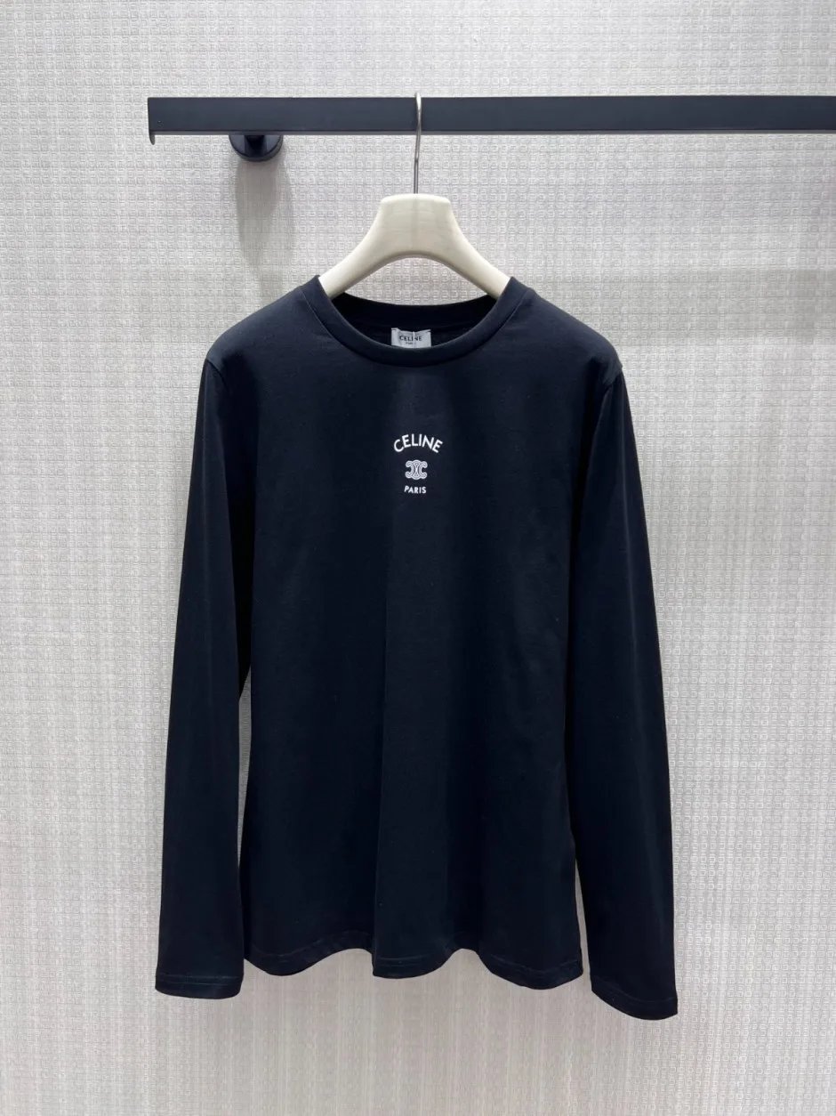 1788409024145279.webp ベーシック 合わせやすい セリーヌ Tシャツ 偽物 コットン ロゴ 長袖Tシャツ ブラック