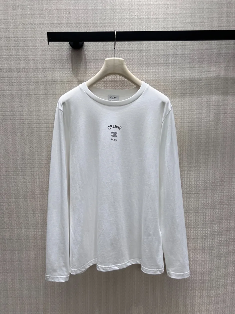 1788409340895294.webp ベーシック 合わせやすい セリーヌ Tシャツ 偽物 コットン ロゴ 長袖Tシャツ ホワイト