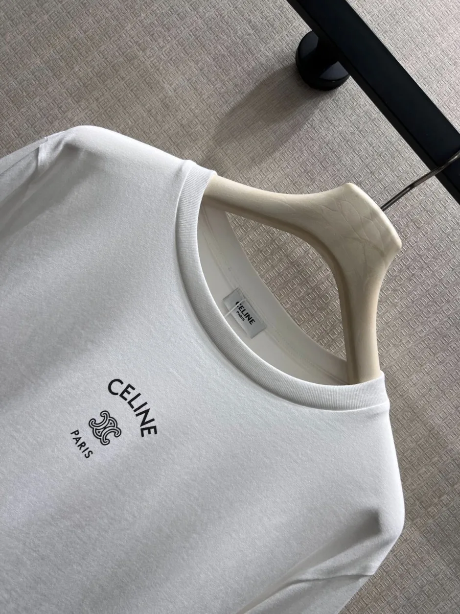 1788409341147833.webp ベーシック 合わせやすい セリーヌ Tシャツ 偽物 コットン ロゴ 長袖Tシャツ ホワイト