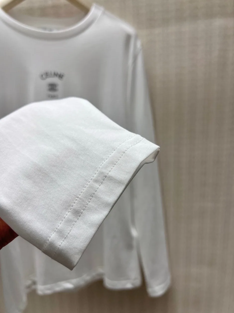 1788409347752960.webp ベーシック 合わせやすい セリーヌ Tシャツ 偽物 コットン ロゴ 長袖Tシャツ ホワイト