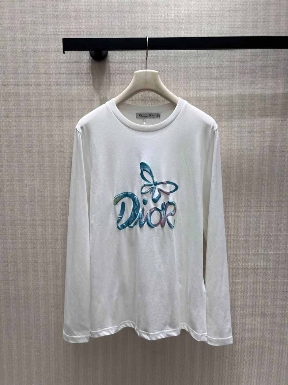 定番 バタフライ＆ロゴ 長袖Tシャツ クリスチャン・ディオール Tシャツ コピー ホワイト