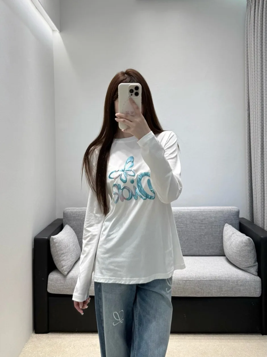定番 バタフライ＆ロゴ 長袖Tシャツ クリスチャン・ディオール Tシャツ コピー ホワイト