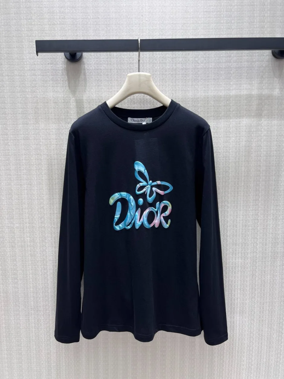 定番 バタフライ＆ロゴ 長袖Tシャツ クリスチャン・ディオール Tシャツ コピー ブラック