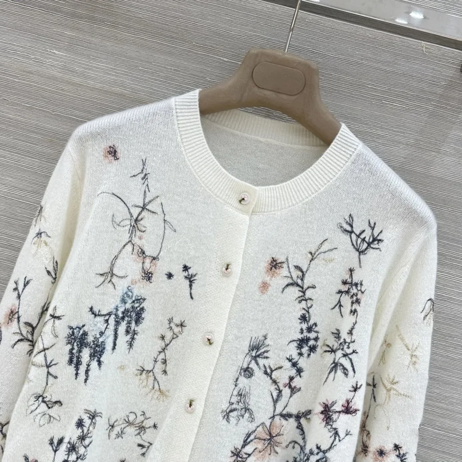 1788838409264164.webp ボタニカル刺繍 クルーネック カーディガン クリスチャン・ディオール ニット 偽物 ホワイト